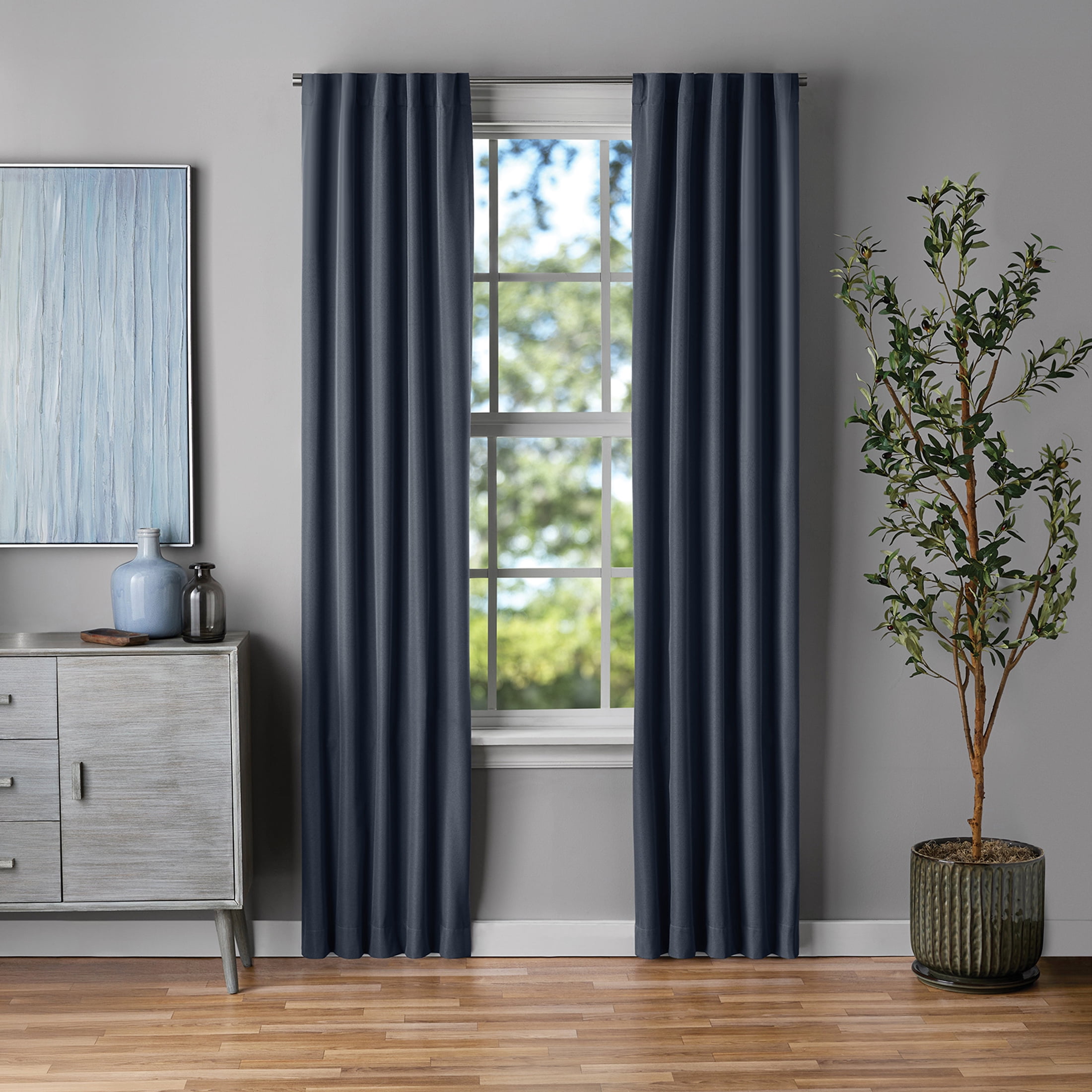 Mainstays Dark Navy Solid Blackout Rod Pocket with Back Tabs Curtain Panel Pair, Set of 2, 30" W x 84" L