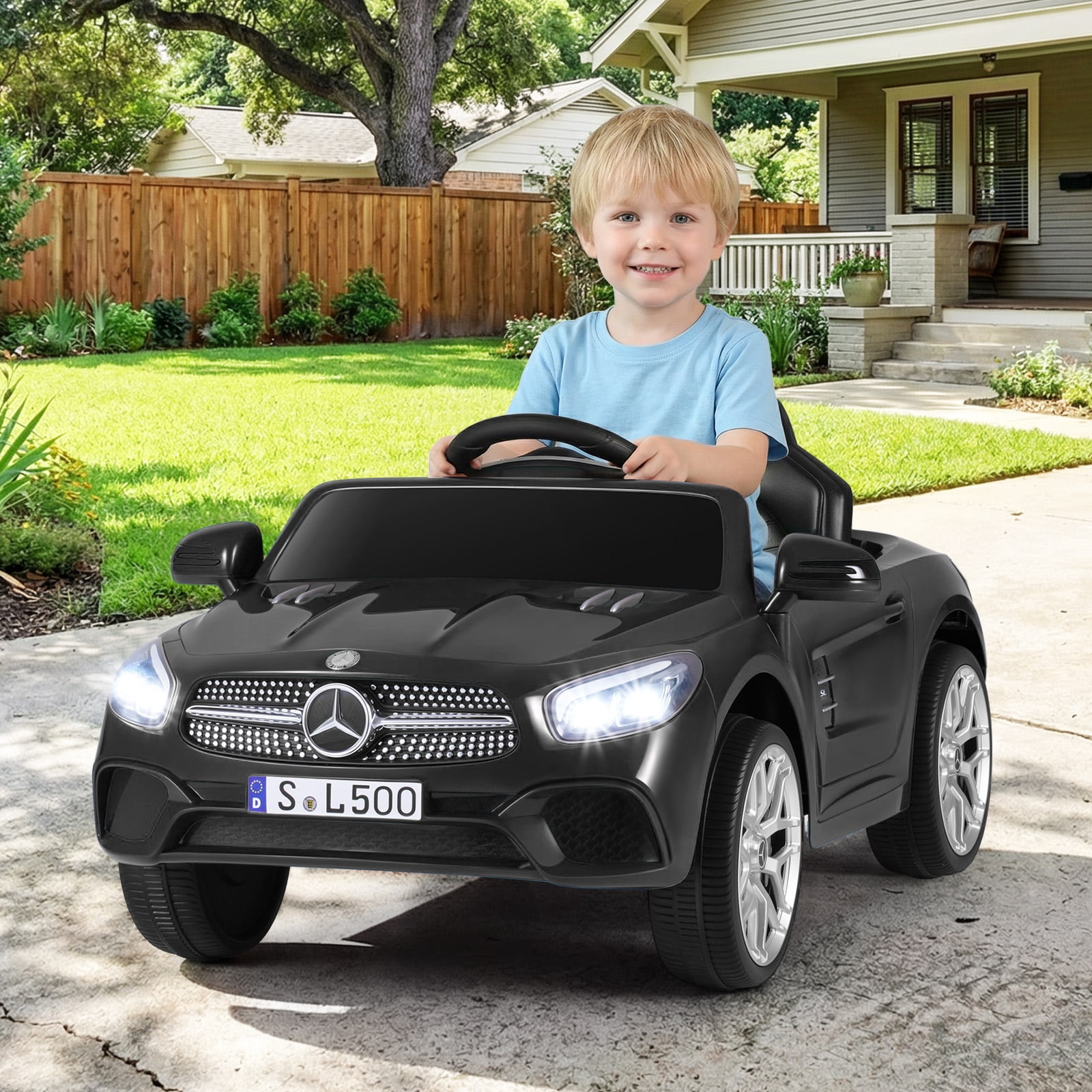 OLAKIDS 12V Electric Kids Ride On Car, Licensed Mercedes Benz SL500 Toy Car with Remote Control, MP3 Plug, USB, 2 Speeds, LED Lights, Battery Powered Toy Vehicle for Toddler Children (Black)