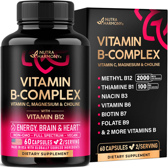 Vitamin B Complex for Men & Women - Made in USA - B1, B2, B3, B5, B6, B7, B8, B9, B12 - Energy, Brain & Heart Support Supplement, 60 Vegan Capsules
