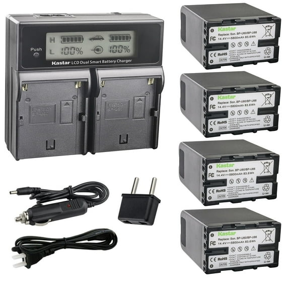 Kastar 4-Pack BP-U60 / BP-U66 Battery and AC LCD Dual Fast Charger Compatible with Sony PMW-300, PMW-300K1, PMW-EX1, PMW-EX1R, PMW-EX3, PMW-EX3R Camera, BP-U60 Battery, BC-U1, BC-U2, BC-CU1 Charger