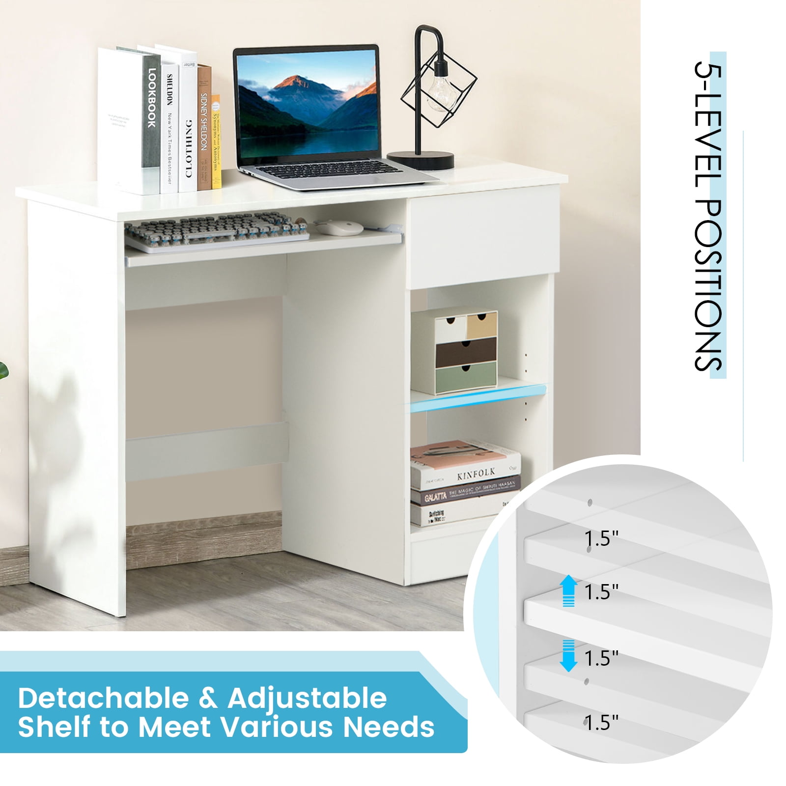Giantex Computer Desk w/Keyboard Tray, Home Office Desk w/Cable Hole, Study Desk, Modern Writing Workstation, White