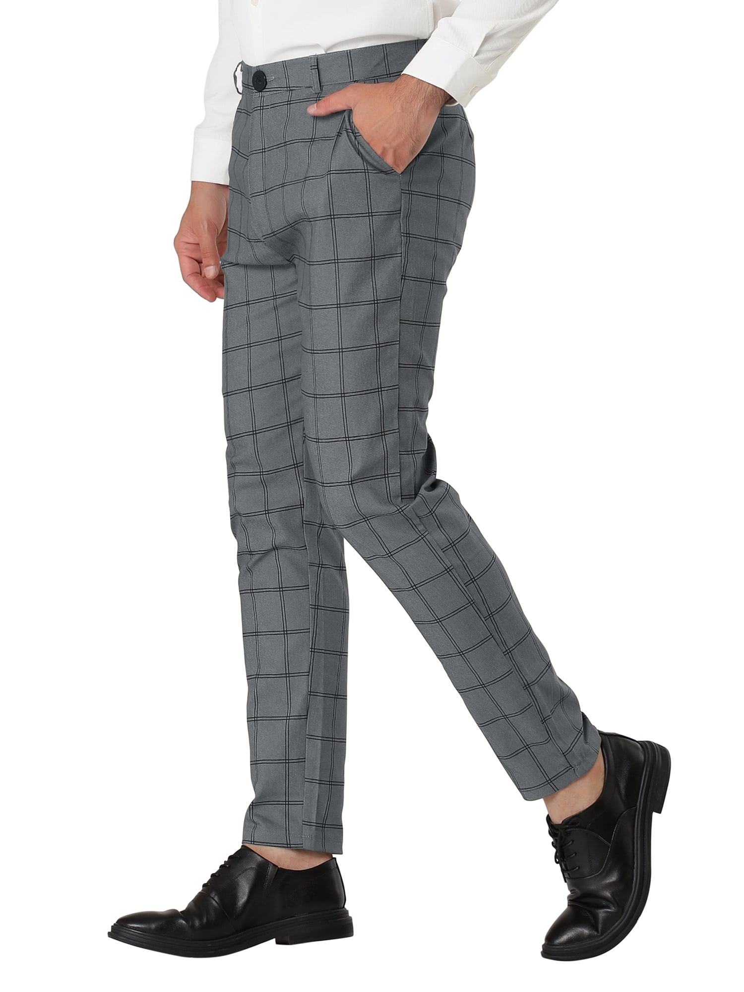 Unique Bargains Men's Slim Fit Plaid Business Pants Trousers with Pockets 38 Dark Gray