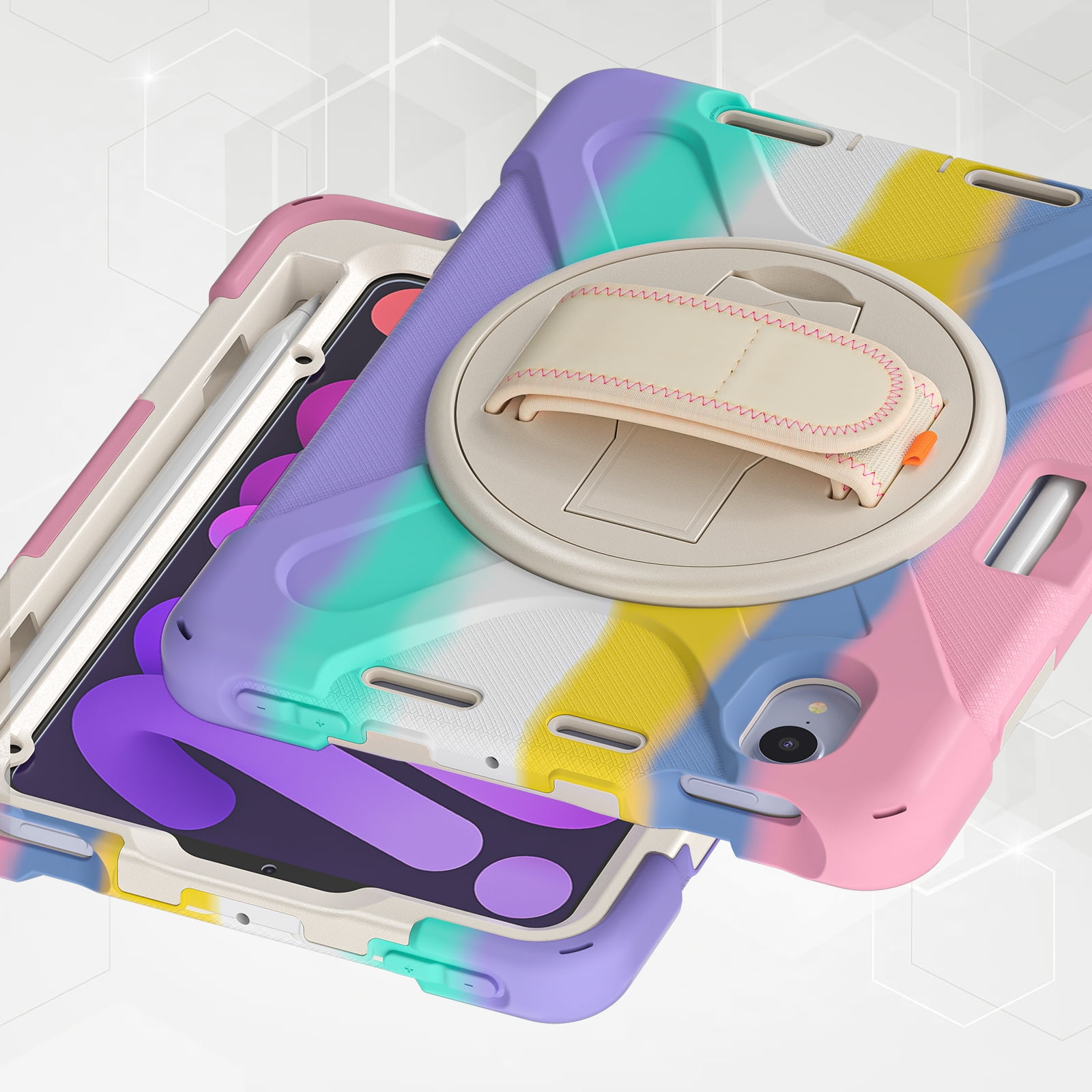 Rugged Case for 2021 Apple iPad Mini 8.3-Inch (6th Generation 2021 Release) - Rotating Stand Case with Adjustable Hand Strap /Pencil Holder, Shockproof Protective Hard Cover (Rainbow Pink)