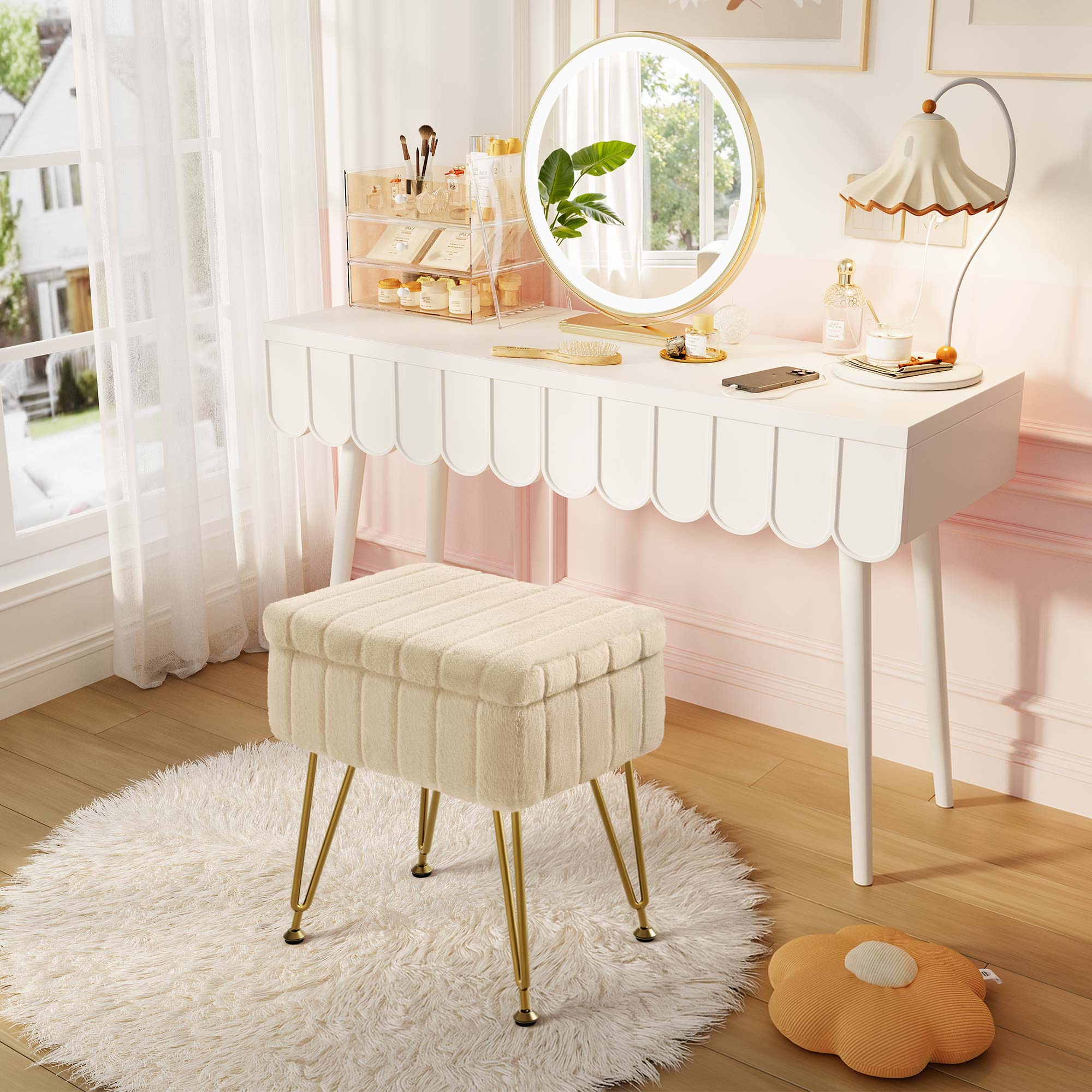 Greenstell Footstools Ottoman Bench with Storage, 15.5”L x 11.6”W x 19.2”H Vanity Faux Fur Padded Stool with Coffee Table Padded Seat and Adjustable Feet for Makeup Bedroom Entryway, Camel
