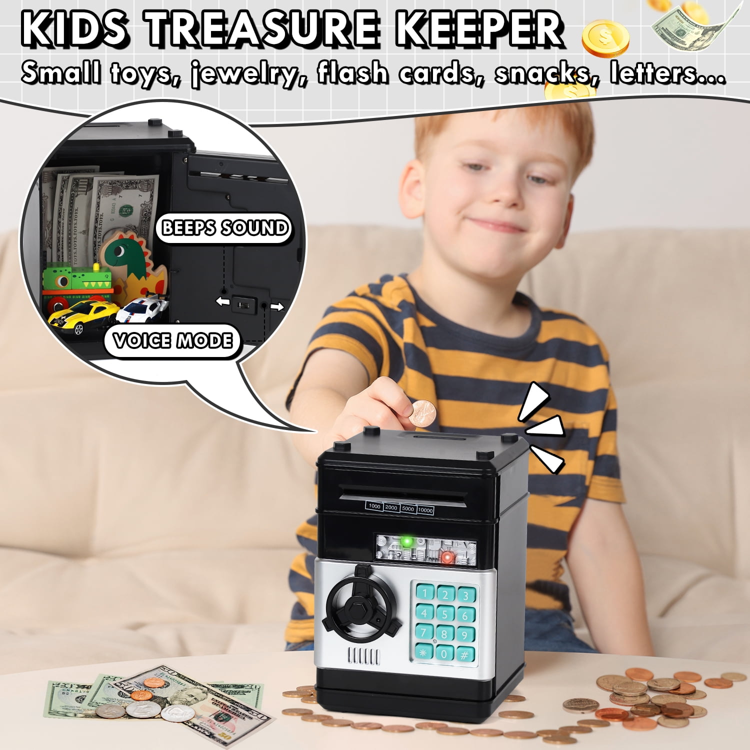 Piggy Bank for Kids Girls Boys, Large Electronic Money Saving Box with Password Protection, Automatic Paper Money Scroll - Black