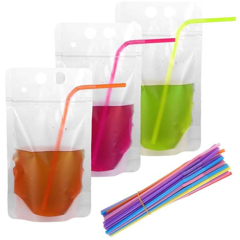 Tinksky 50pcs Disposable Drink Container Set Clear Drink Pouches Plastic  Drinking Bags with 50 Straws for Juice Beverage (Random Straw Color)
