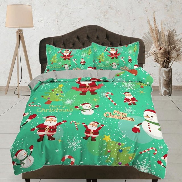 Juego de funda nórdica de Papá Noel y muñeco de nieve verde, ropa de cama de Navidad &