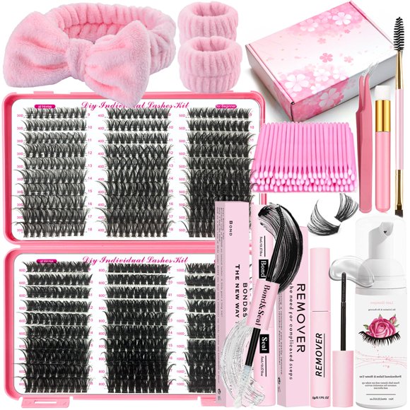DNSGOOR Kit de extensión de pestañas DIY 590 piezas 0.354-0.709 in D Curl pestañas grupos con unión de pestañas y removedor de pegamento de sellado champú de pestañas cepillo de limpieza diadema pulse