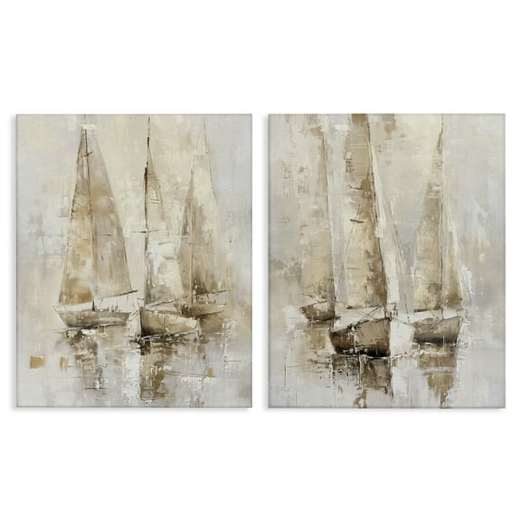 Stupell Industries Neutral Toned Sailboats Nautical & Beach Painting Wrapped Canvas Art Print Wall Art, 16 x 20, Set of 2