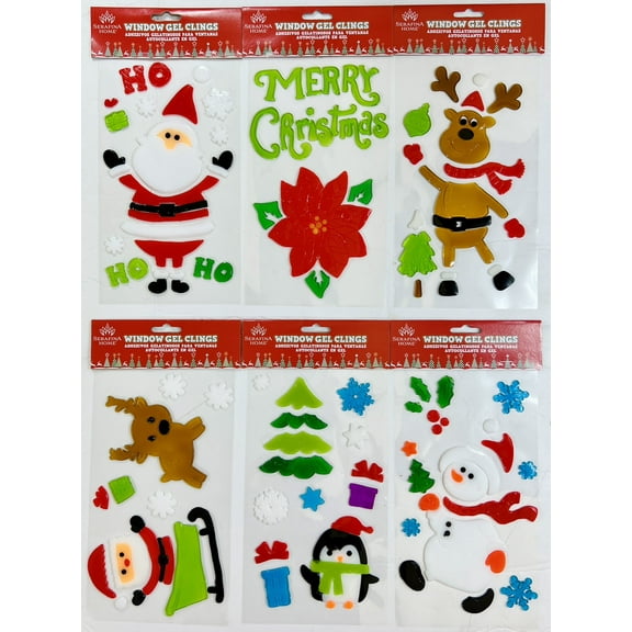 Serafina Home Holiday Christmas Gel Clings: Santa Claus Snowman Snowflakes Reindeer Decorations for Home Office Windows Mirrors and More! (Pack B)