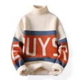 thumbnail image 5 of Suéter de punto para hombre, cuello alto empalmado, ropa blanca para hombre, jerseys de cuello alto, estampado, moda coreana, novedad de 2025, ajuste X Over Fit A, 5 of 5