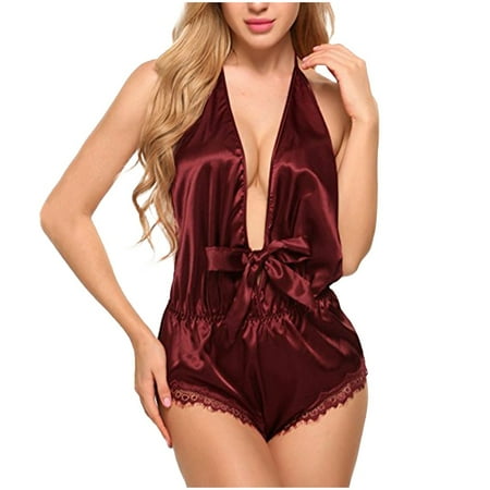 

TOYFUNNY Silk Pajamas Sexy Satin Underwear Jumpsuit Bodysuit Teddy Lingerie Sleepwear