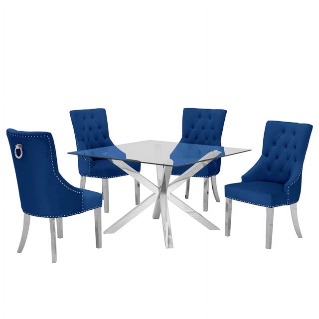 47 "x 47" Verre Clair 5pc Ensemble de Salle à Manger en Acier Inoxydable Argenté