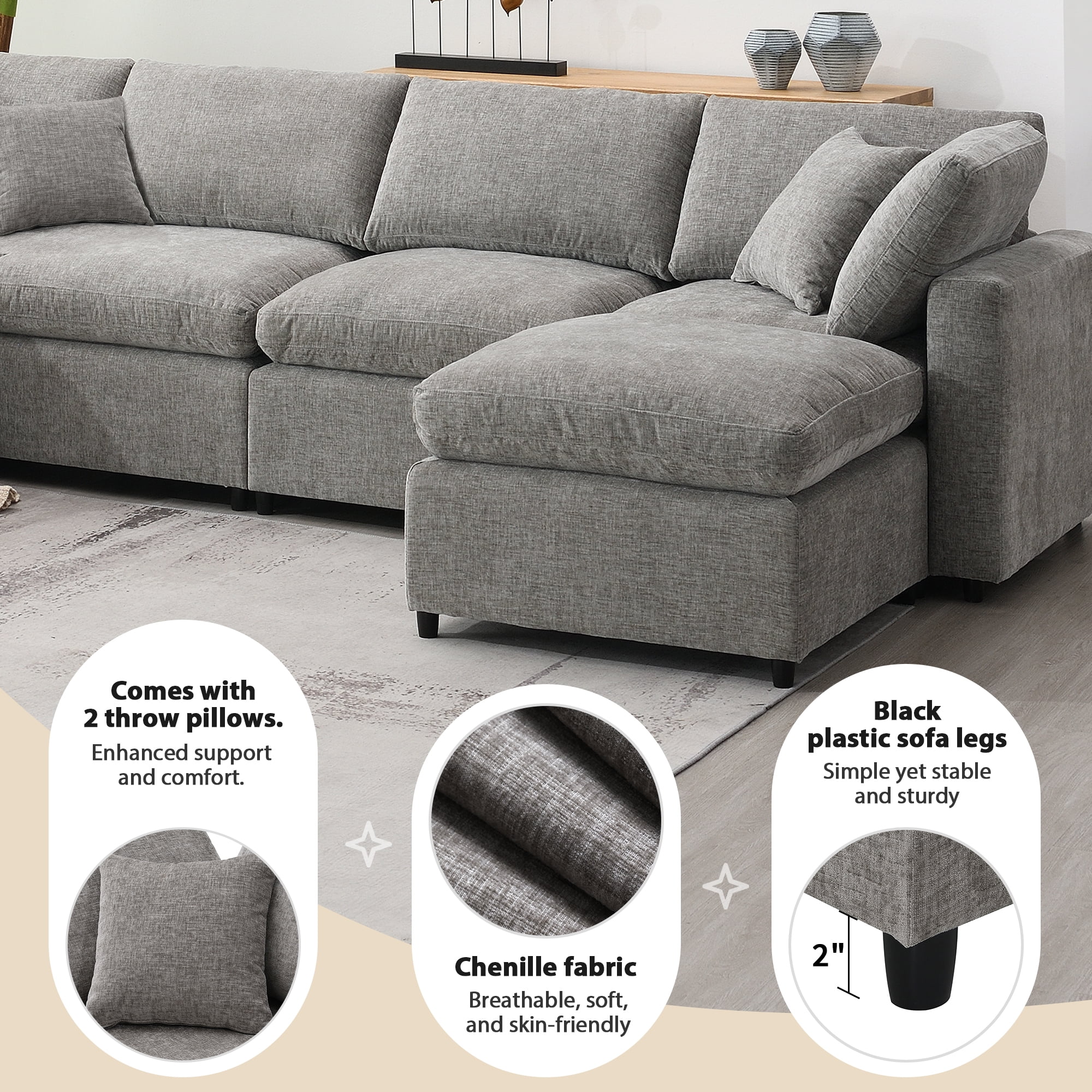 MAYEERTY 130x65" Modern Modular Cloud Sofa Bed - 6-Seat Chenille U-Shaped Sleeper with Ottoman, Free Combination for Living Room/Apartment, 3 Colors