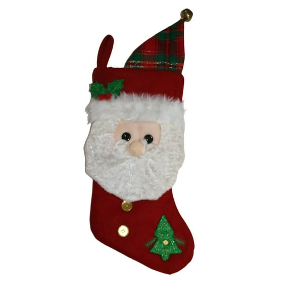 Santa Red Christmas Stocking w/Plaid Hat and Bell and Buttons on Front - 17"
