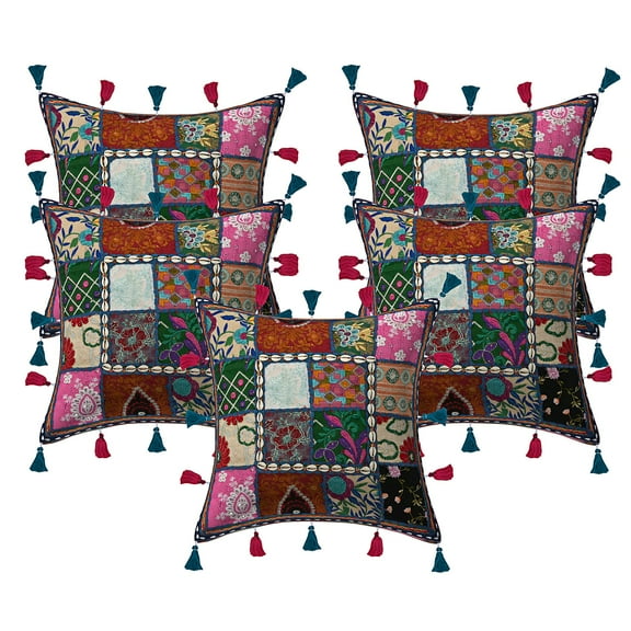 Stylo Culture Ethnic Sofa Throw Pillow Covers Patchwork 16x16 Embroidered Cowrie Sea Shell Tassels Dark Blue Boho Hippy 40 x 40 cm Bed Room Cotton Floral Square Cushion Covers | Set Of 5