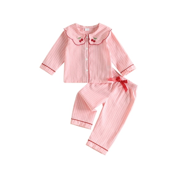 RUINIXCW Toddler Baby Girls Striped Pajamas Set Kids Little Girls Spring Fall Winter PJS Sleepwear Cherry Peter Pan Collar Long Sleeve Tops Pants Set