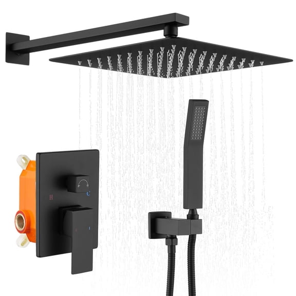 Rain Square Single Handle 1-Spray Shower Faucet 2.5 GPM with 12 in. Shower Heads in Matte Black