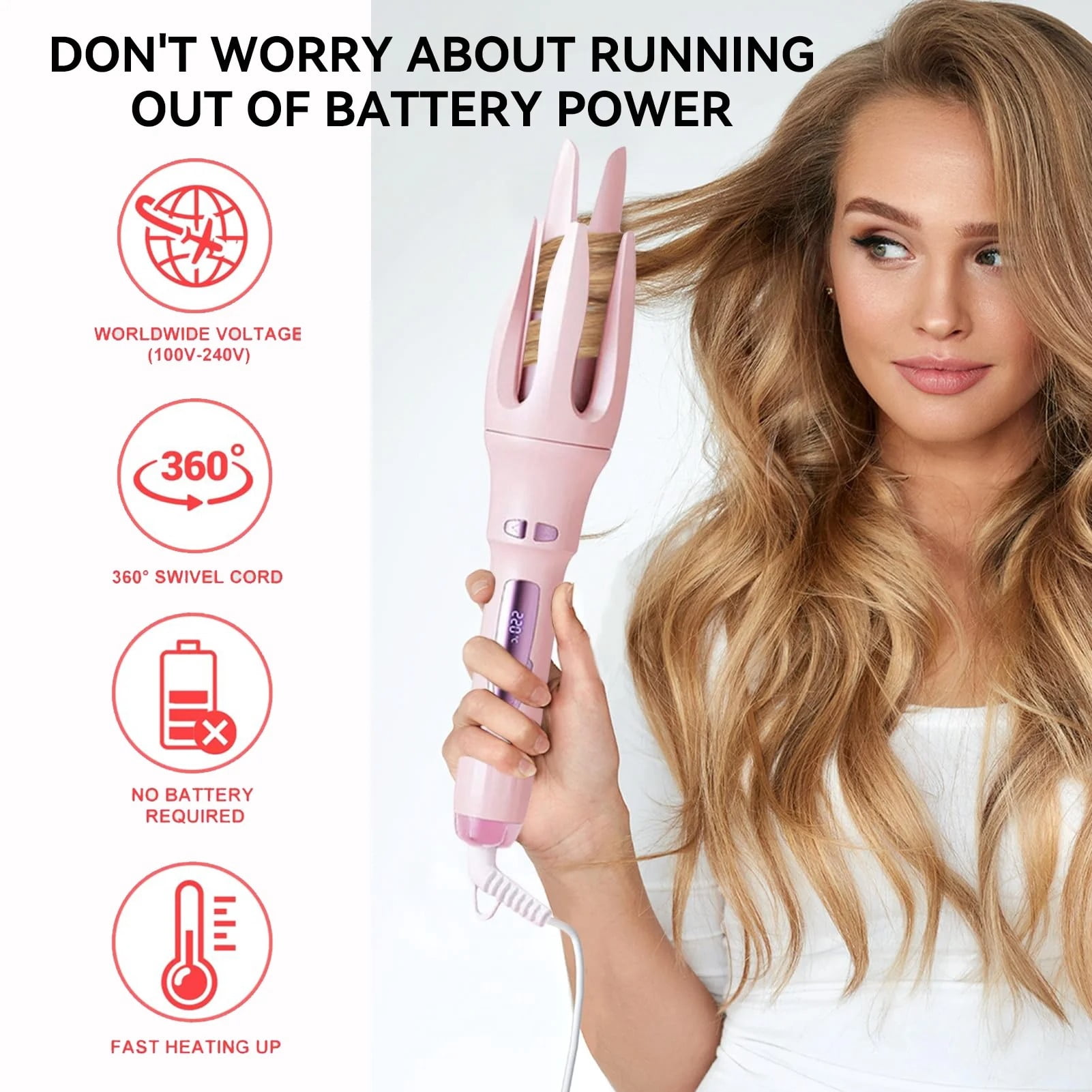 Automatic Hair Curler, Professional 1.5" Rotating Ceramic Curling Iron with Adjustable Temperature & Timer, Safe Hair Styling Tool, Pink