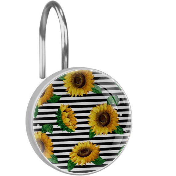 Sunflower Shower Curtain Hooks(Set of 12)for Home Hotel Shower Rods Bathroom Crystal Glass Print Stainless Steel Round Curtain Hooks