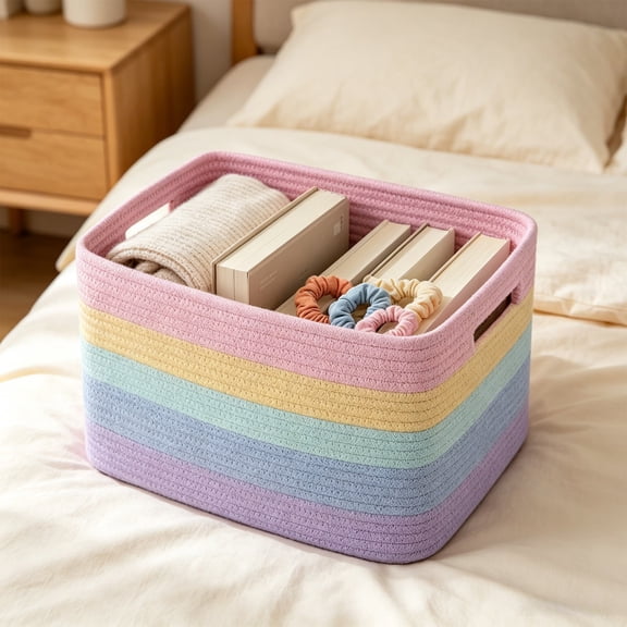 LiUMX Color Block Woven Storage Basket, Cotton Linen Fabric Rope Organizer with Soft Handles, Multicolor Decorative Bin for Toys, Books, Snacks, Laundry and Home Closet Storage