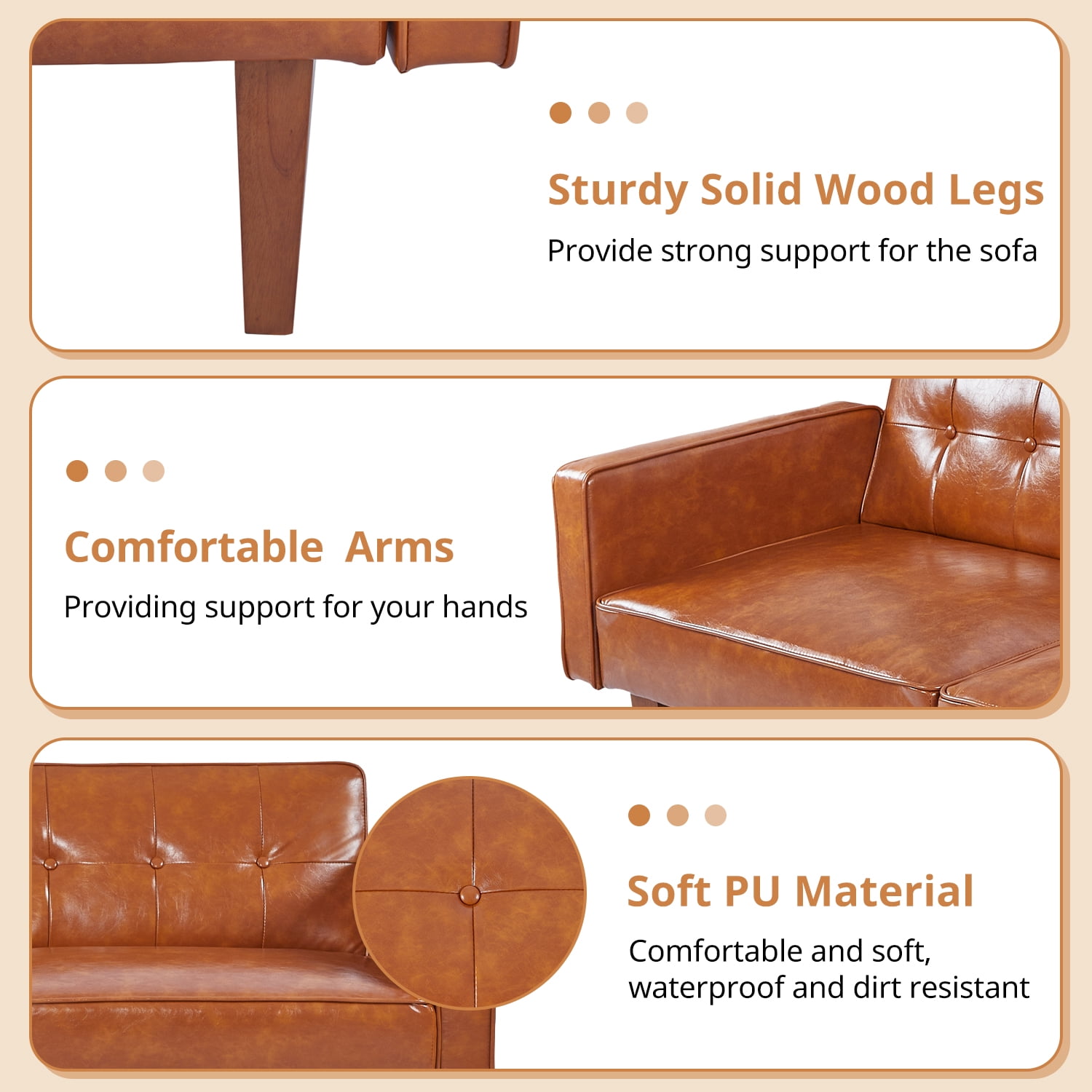 Loveseat Sofa, 68" Faux leather Futon Sofa Bed, Upholstered Convertible Sofa with Reclining Backrest