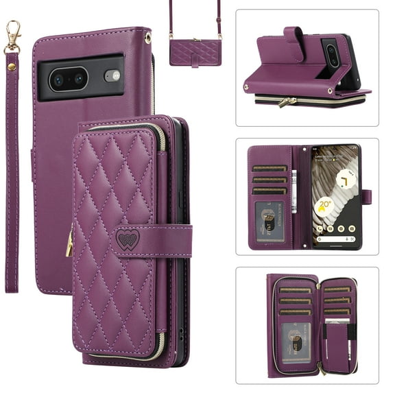 For Google Pixel 8 Case,Decase Premium Luxury Leather Wallet Stand Phone Cover With Detachable Lanyard Strap & Hand Strap,Anti-Scratch Shockproof Shell,for Google Pixel 8 - Darkpurple