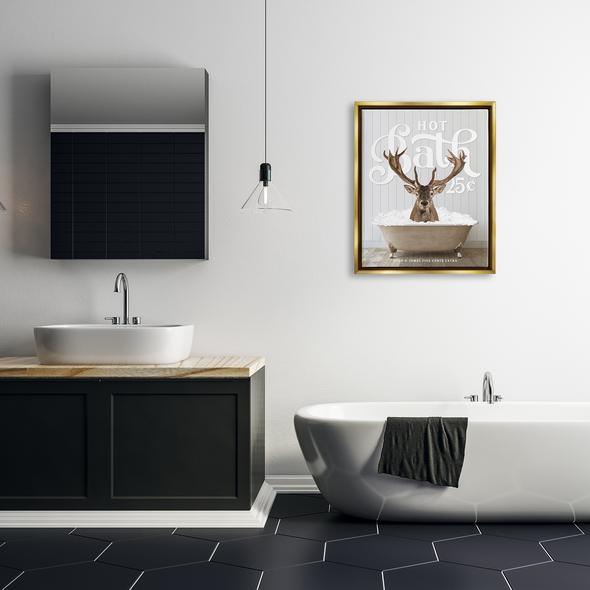 Stupell Industries Vintage Bathroom Deer Animals & Insects Painting Gold Floater Framed Art Print Wall Art, 25 x 31
