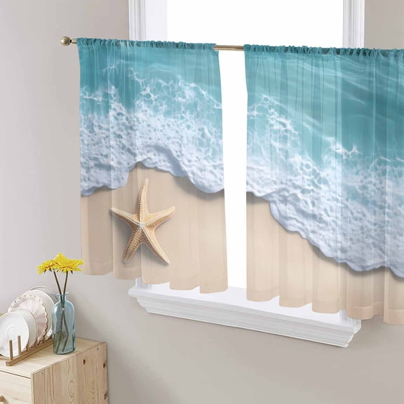 Teal Coastal Sheer Curtains 54 Inch Length 2 Panels Set for Living Room/Bedroom, Summer Beach Starfish Nautical Seaside Semi Curtain Sheers Drapes Rod Pocket Curtains Window Treatment Set 52''x54''x2