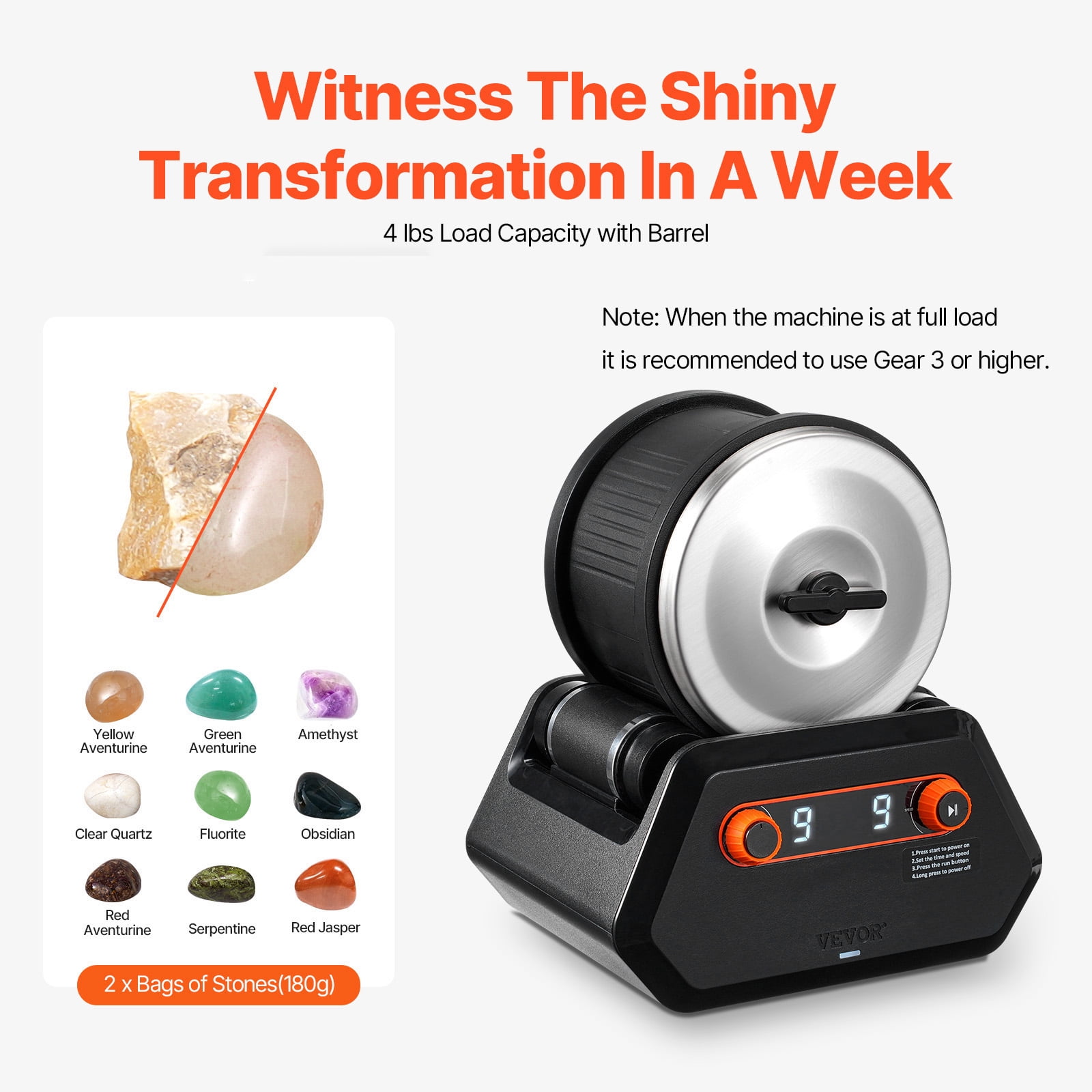 KFFKFF Rock Tumbler Machine, 4 lbs Stone Refinement Bundle, 9 Velocity Adjustments 9-Day Refinement Countdown Stone Refinement Bundle, Stone Smoother with Unrefined Gemstones and Refinement Grains