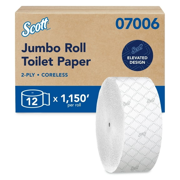 Scott Professional Coreless High-Capacity Jumbo Roll Toilet Paper, Bulk (07006), 2-Ply, Elevated Design, Septic Safe, White (12 Rolls at 1,150' Each, 13,800'/Case)