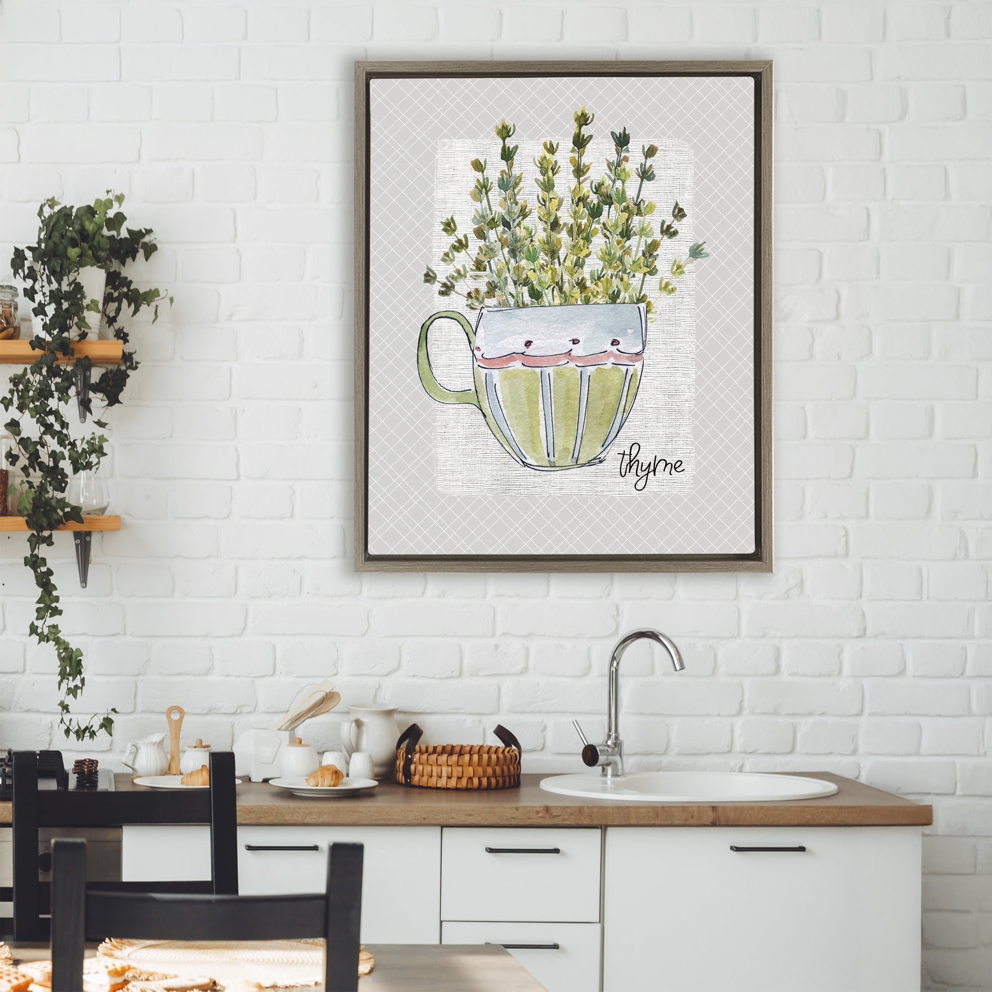 Stupell Industries Thyme Herb Mug Brown Framed Floater Canvas Wall Art, design by Livi Finn
