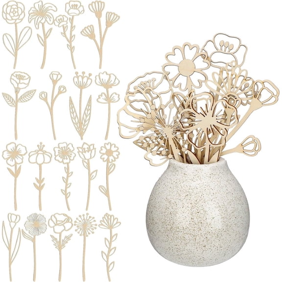 20 Pcs Wooden Wildflower Decor Set, Natural Wood Wildflower Cutouts with Stems, Paintable Wooden Flower Ornaments for Home Decor, DIY Art Craft, Birthday & Holiday Party Decoration