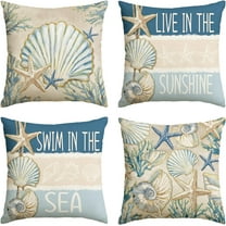Summer Ocean Starfish Sea Shell Live in The Sunshine Throw Pillow Covers, 18 x 18 Inch Coral Conch Swim in The Sea Stripes Holiday Seasonal Cushion Case Decorations Set of 4
