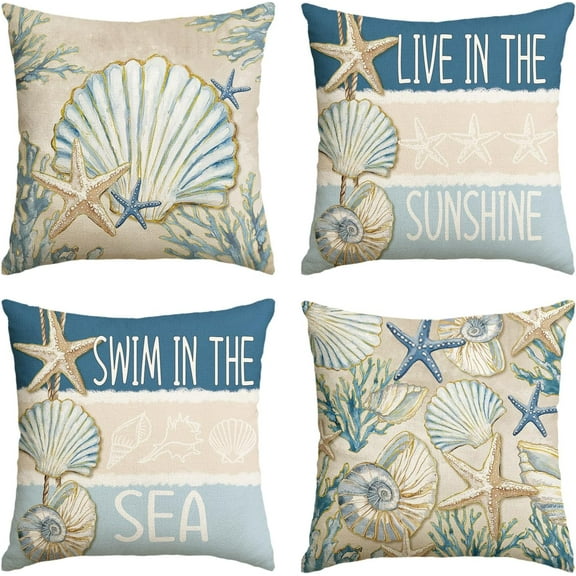Summer Ocean Starfish Sea Shell Live in The Sunshine Throw Pillow Covers, 18 x 18 Inch Coral Conch Swim in The Sea Stripes Holiday Seasonal Cushion Case Decorations Set of 4
