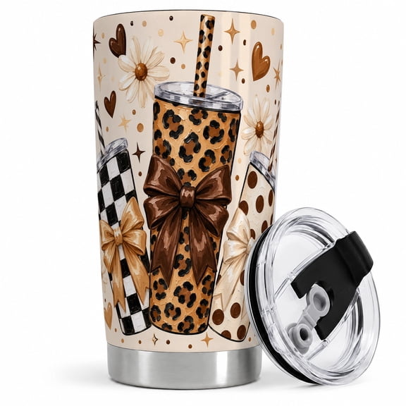 Leopard Bow Travel Tumbler, 20oz Insulated Drinkware for Women Insulated stainless steel tumbler with lid, leopard bow cup artwork, daisies, and hearts for commute