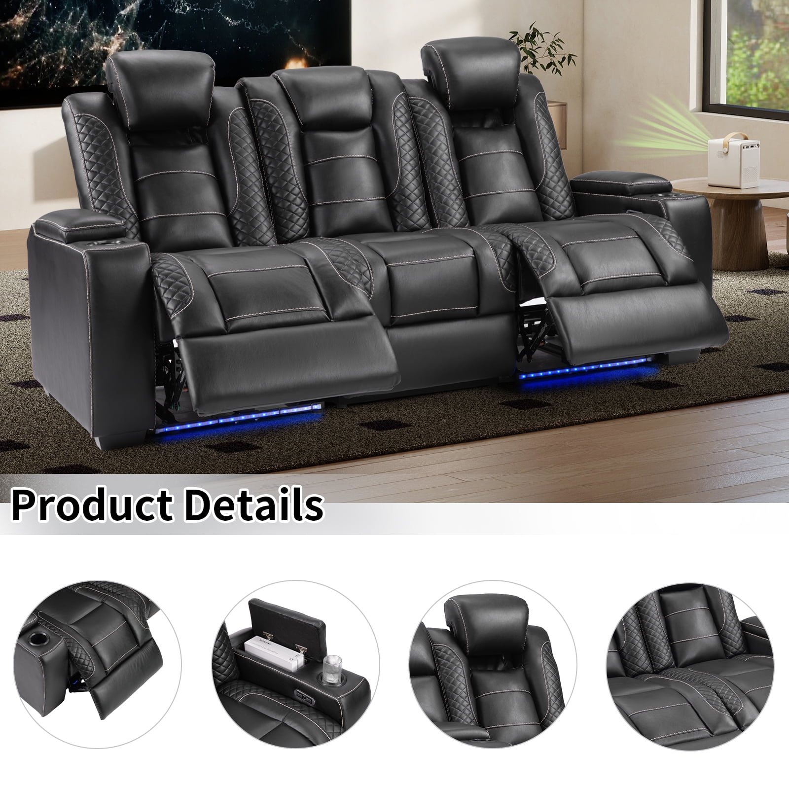 Bonzy Home Power Theater 3-Seat Recliner Sofa — PU Leather Power Recliner with Cup Holders, Hidden Arm Storage, USB Ports, LED Lights & Adjustable Headrests, Black