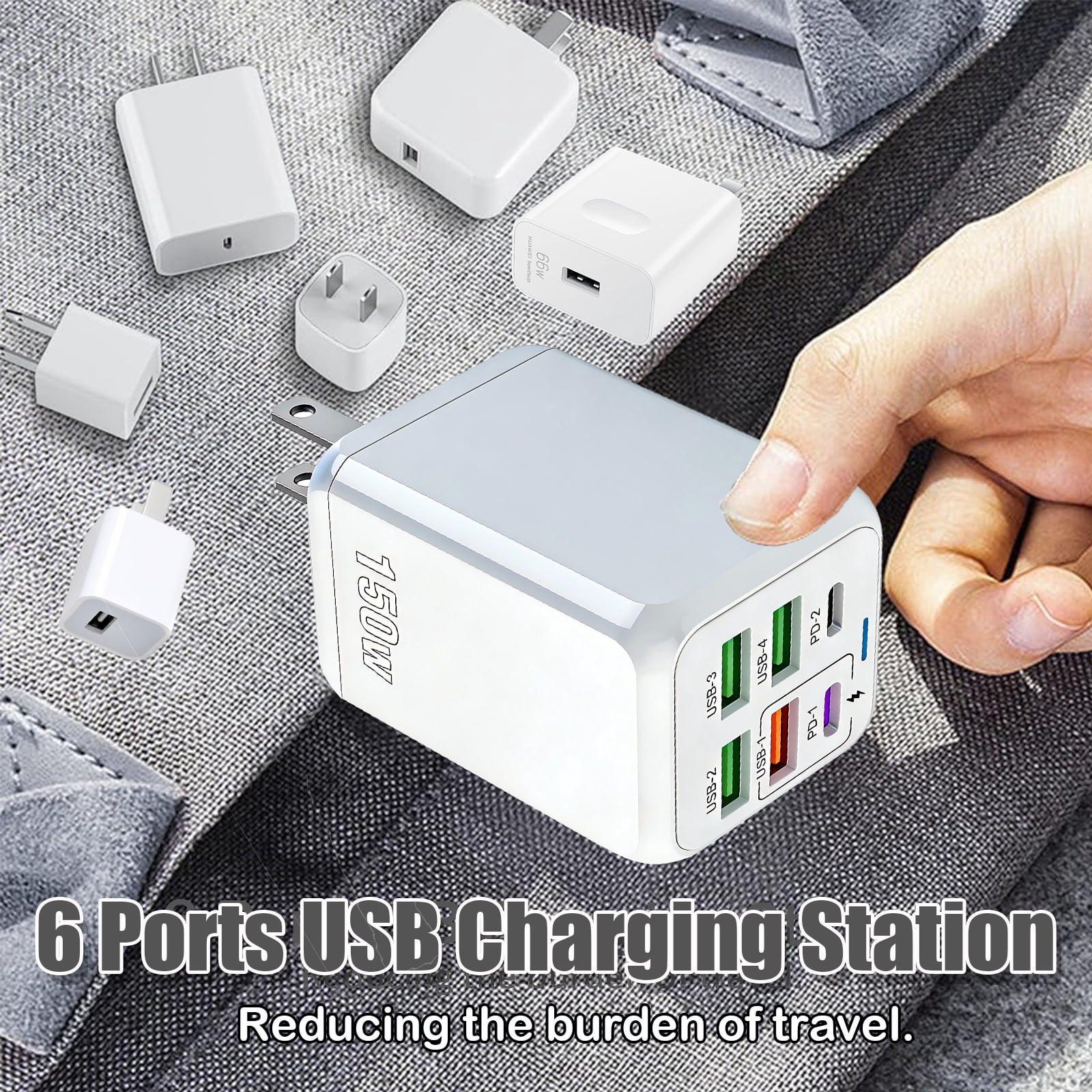 RONY USB C 150W Charger Block: 6-Port Fast Charging Block Power Adapter Compatible with iPhone Samsung Galaxy, White