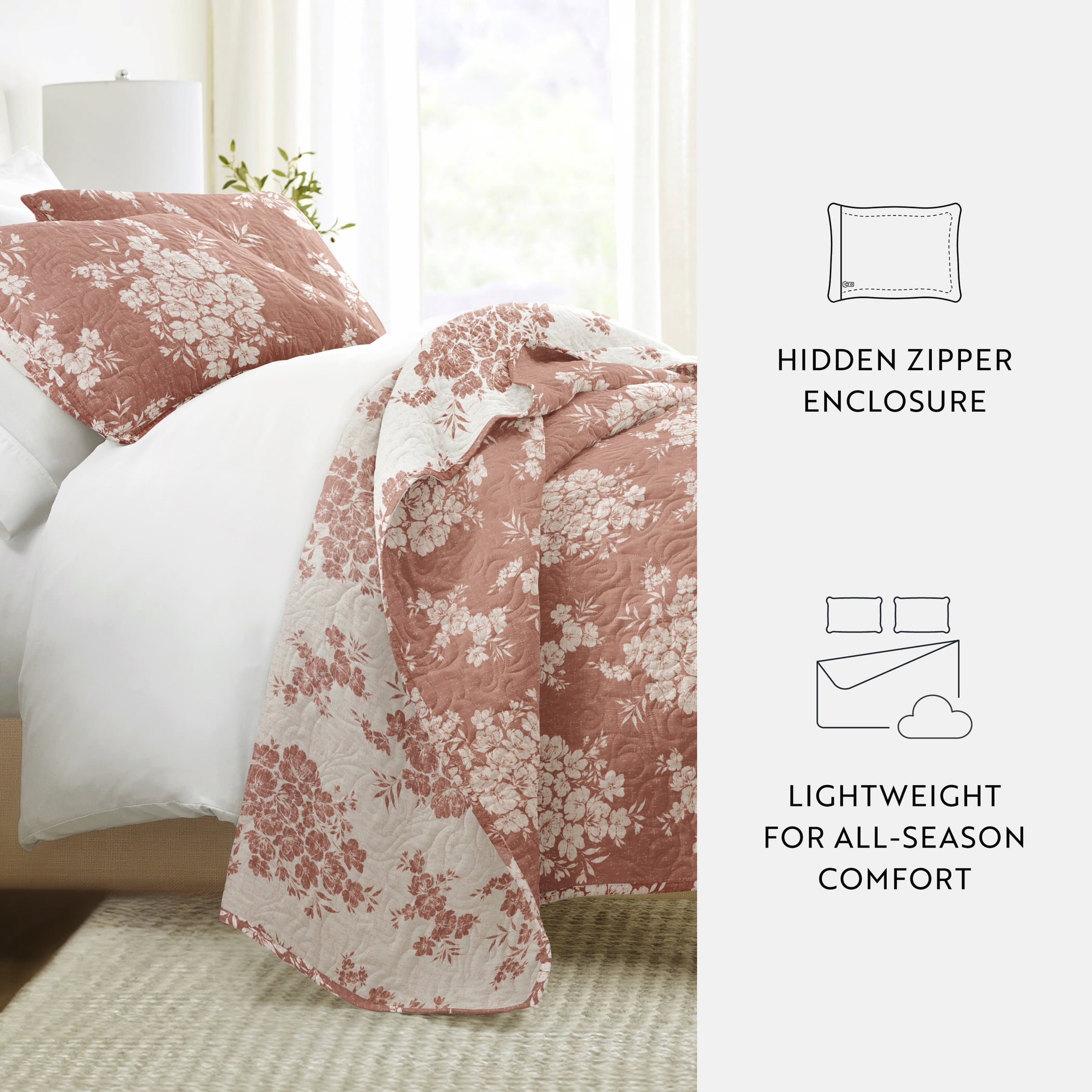 Noble Linens 3-Piece Terracotta Distressed Bouquet Reversible Quilt Set, Twin