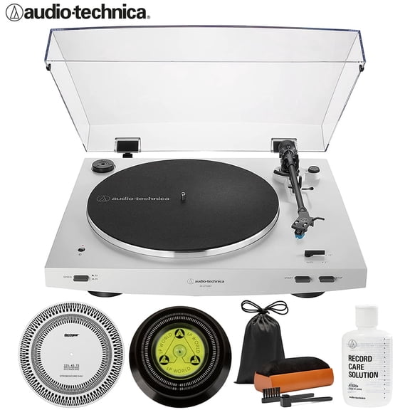 Audio-Technica AT-LP3XBT-WH Fully Automatic Wireless Belt-drive Turntable - White Bundle with Record Care Solution, Deco Gear Cleaning Kit, Stroboscope and Record Stabilizer