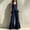 Navy, variant on Womens Casual Two Piece Outfit V Neck Sleeveless Button Peplum Top High Waist Ruffle Hem Wide Leg Pants Solid Color Elegant Set Yellow XL(XL)