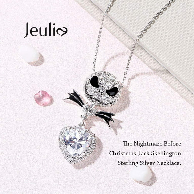 Jeulia Jack Skellington and Sally Necklace 925 Sterling Silver The nightmare before Chirstmas Heart Pendant Necklace Skull Spider Skeleton Tarantula