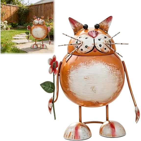 Metal Cat Garden Statue with Flower Weather Resistant Decor