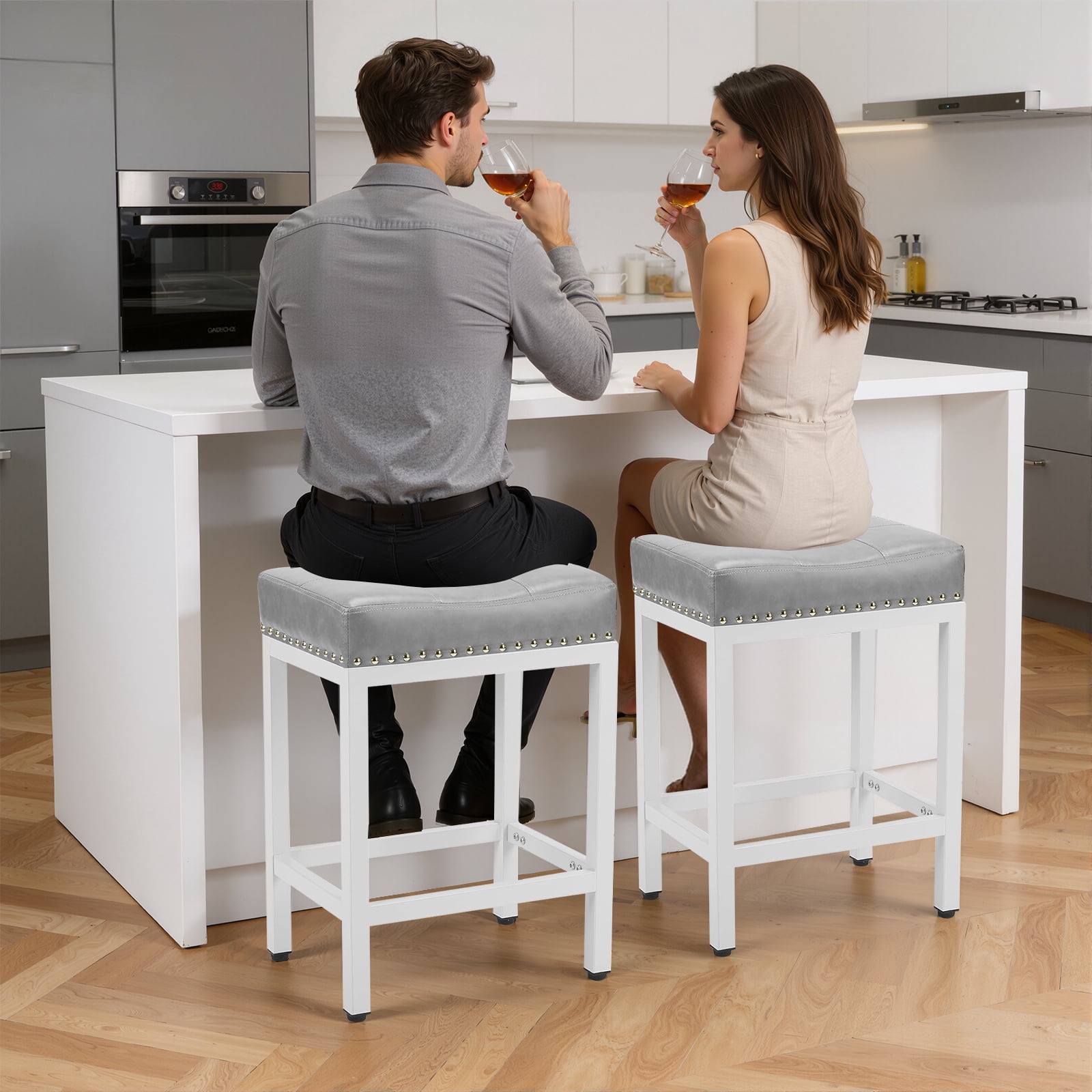 Sybels 24" Saddle Bar Stools (Set of 2) - PU Leather Counter Stools with Footrest for Kitchen Island, Cafe，Gray