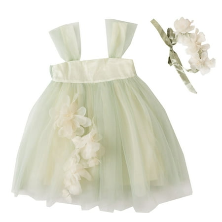 

Summer Green Flower Fairy Girls Sling With Big Flowers Fashion Puffy Mesh Gown Dress Child Leisure Outwear