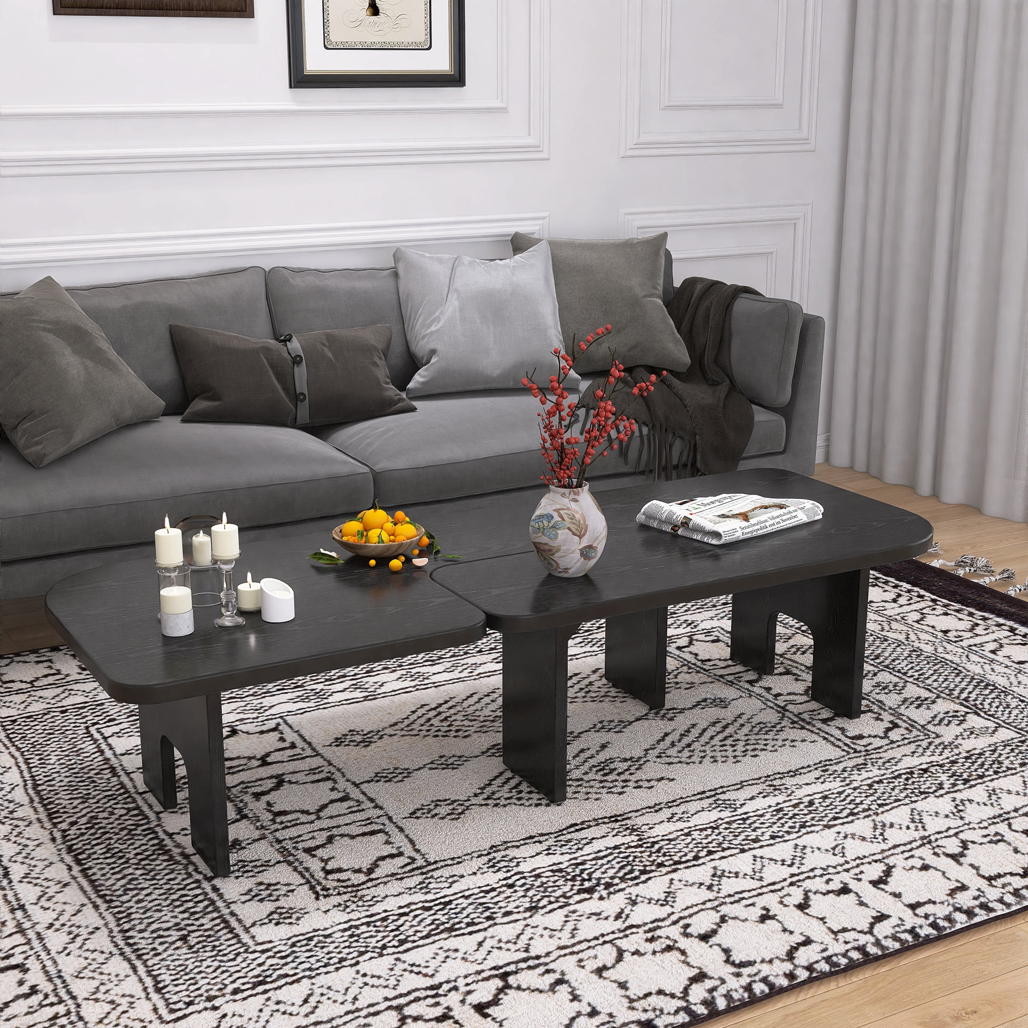 70.86 Inch Extendable Splicing Coffee Table Set, Modern Black Wooden Nesting Center Tables for Living Room, Flexible Configuration, Smooth Surface, Antique Black Finish