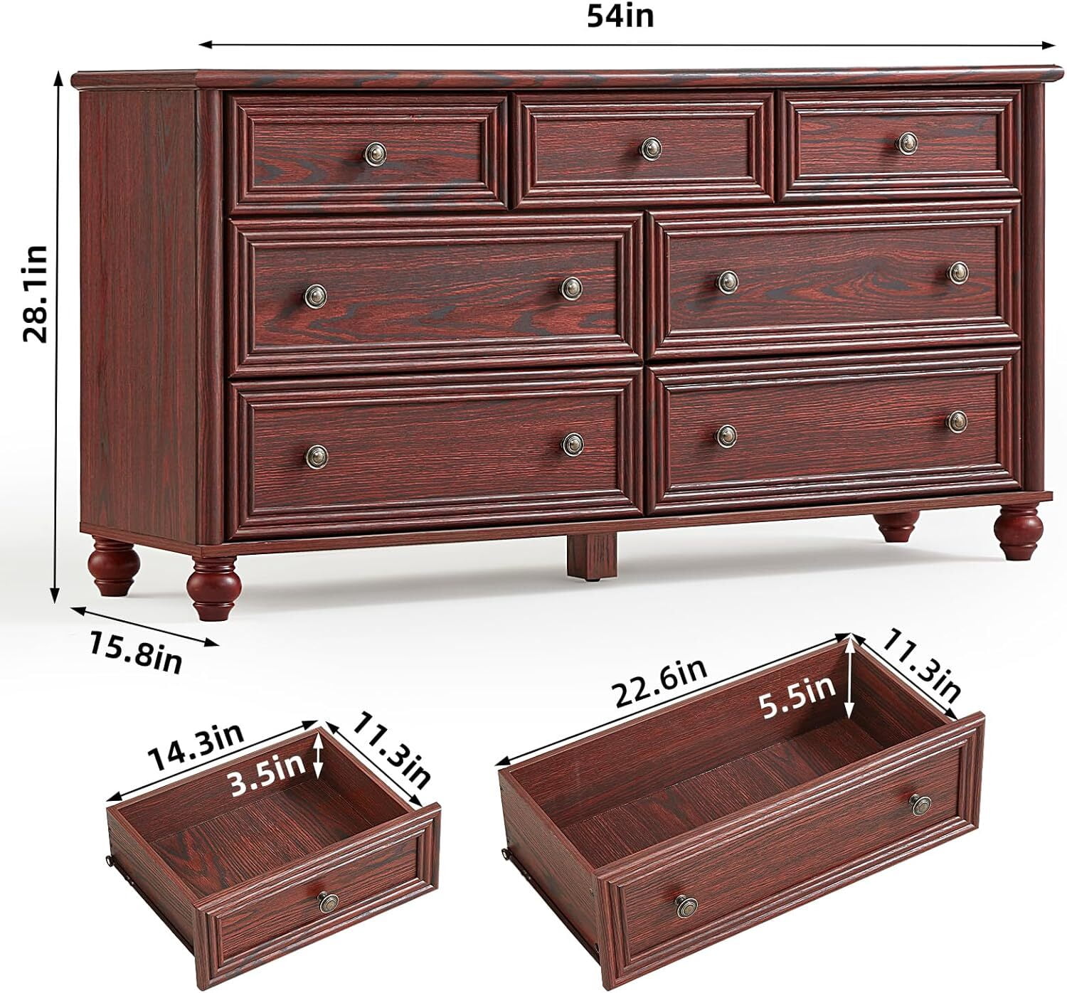 7 Drawers Dresser for Bedroom, Farmhouse 54" Wood Dressers Chest of Drawers, Vintage Design TV Stand, Rustic Storage Dresser Closet for Living Room, Red Oak
