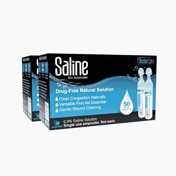 Shusher Care Saline 100 Ct Packets for Nasal Congestion Relief, Drug-Free Over-the-Counter Saline Solution