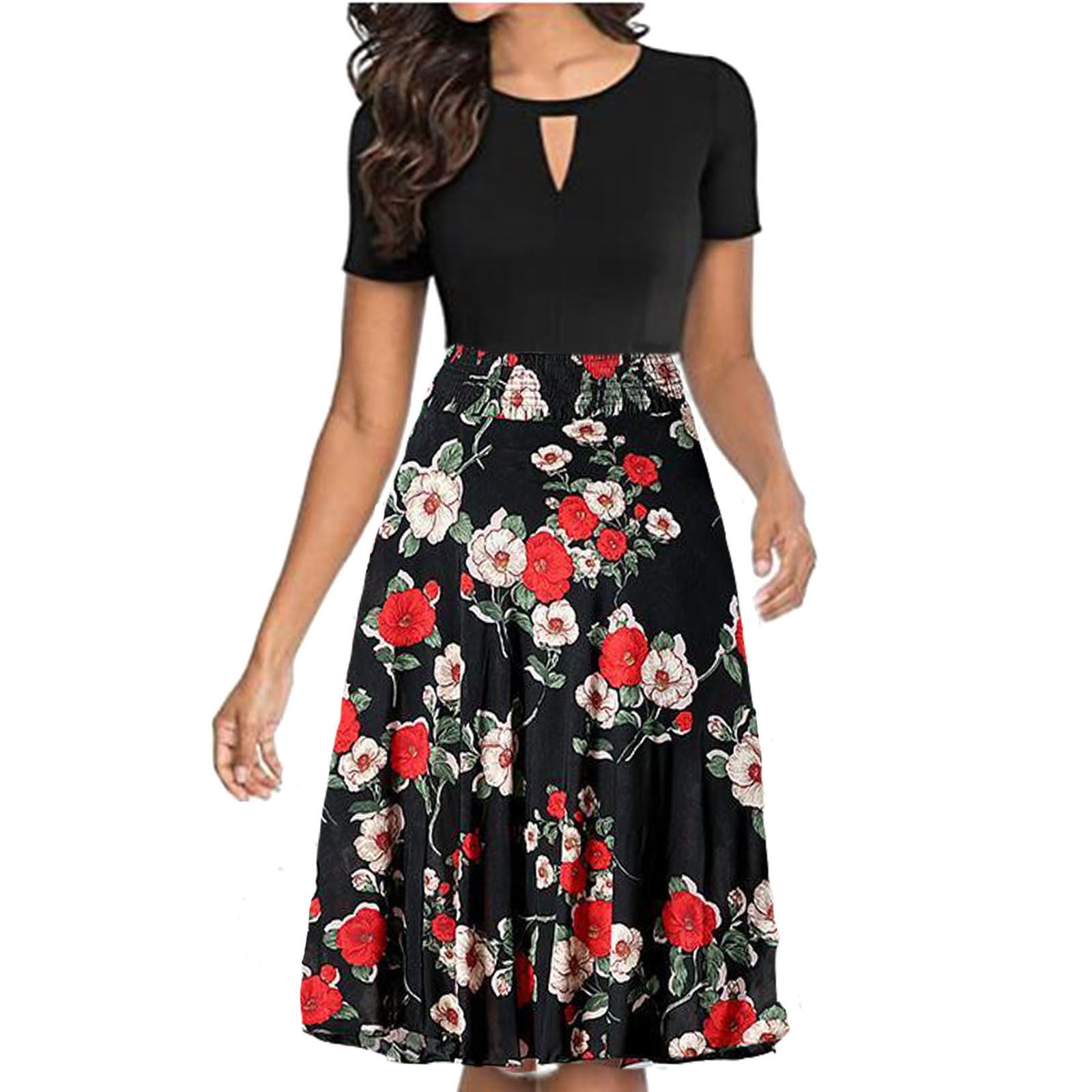 Cptfadh Women's Floral Printed High Waist Pleated A-Line Swing Skirt Dress  - Walmart.com