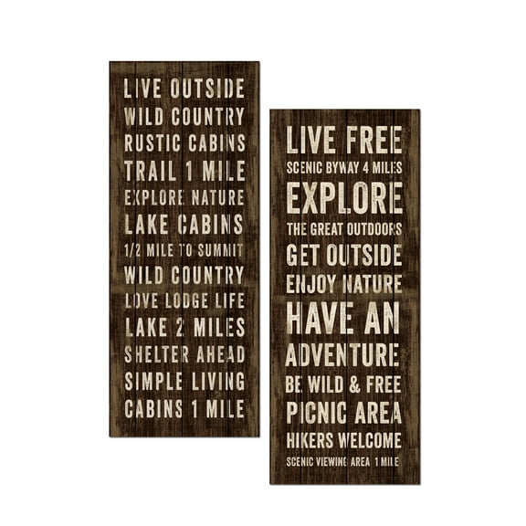 Rustic Brown Cabin "Live Outside" and "Live Free" Typography Panel Adult Decor; 2 - 8" x 20" Unframed Posters